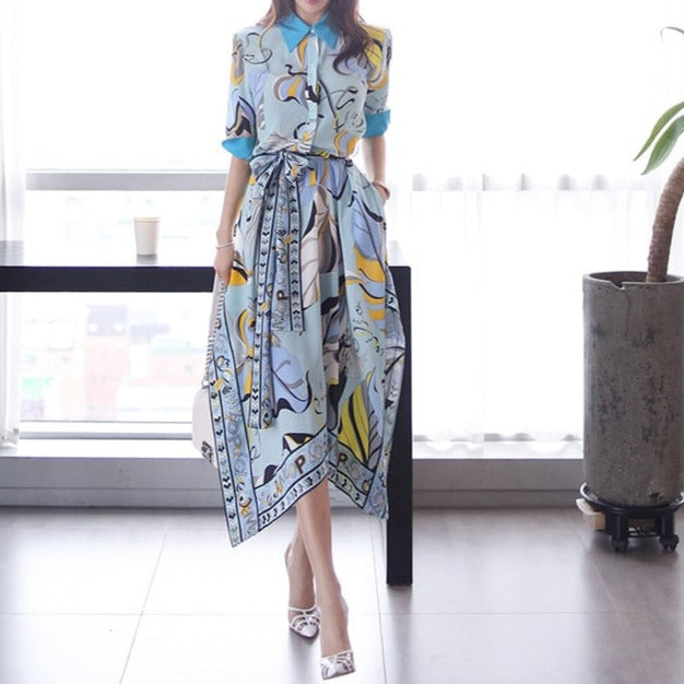 High Quality Three Quarter Sleeve Vintage Print Elegant Maxi Dress