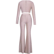 Pink 2 Piece Set Sexy Glitter Draped Long Sleeve Top and Pants