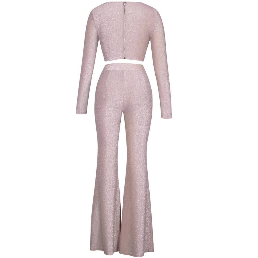 Pink 2 Piece Set Sexy Glitter Draped Long Sleeve Top and Pants