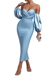 Blue Midi Elegant Sexy Off Shoulder Bodycon Dress