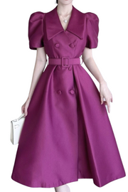 Elegant Double Breasted Midi Puff Sleeve Belted High Waist Plain Dress