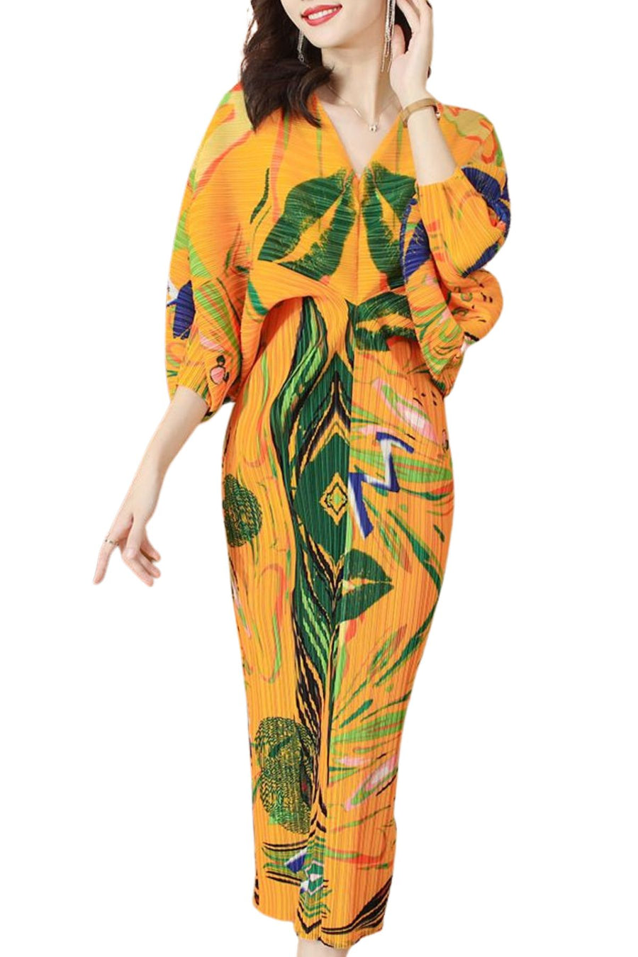 High Quality Batwing Sleeve V Neck Pleated Bodycon Floral Print Dress ETERNA High Quality Batwing Sleeve V Neck Pleated Bodycon Floral Print Dress ETERNA