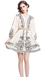 High Quality V Neck Lantern Sleeves Printed Dress