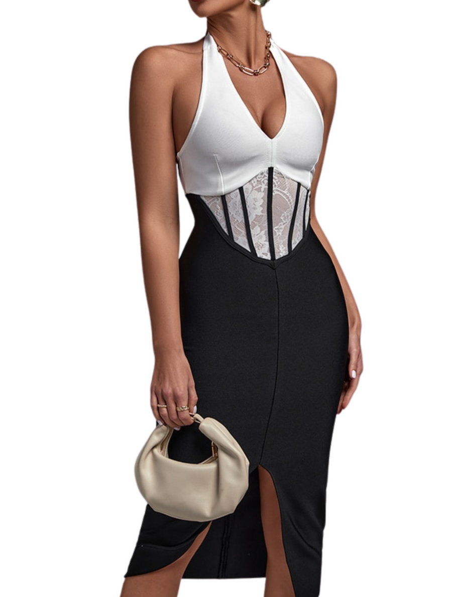 bandage dress with lace One Shoulder Lace Bodycon Bandage Dress Long Sleeve Celebrity Black Bandage Dress / S