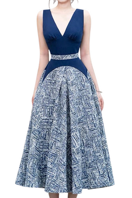 High Quality Sleeveless V Neck Elegant Blue Dress