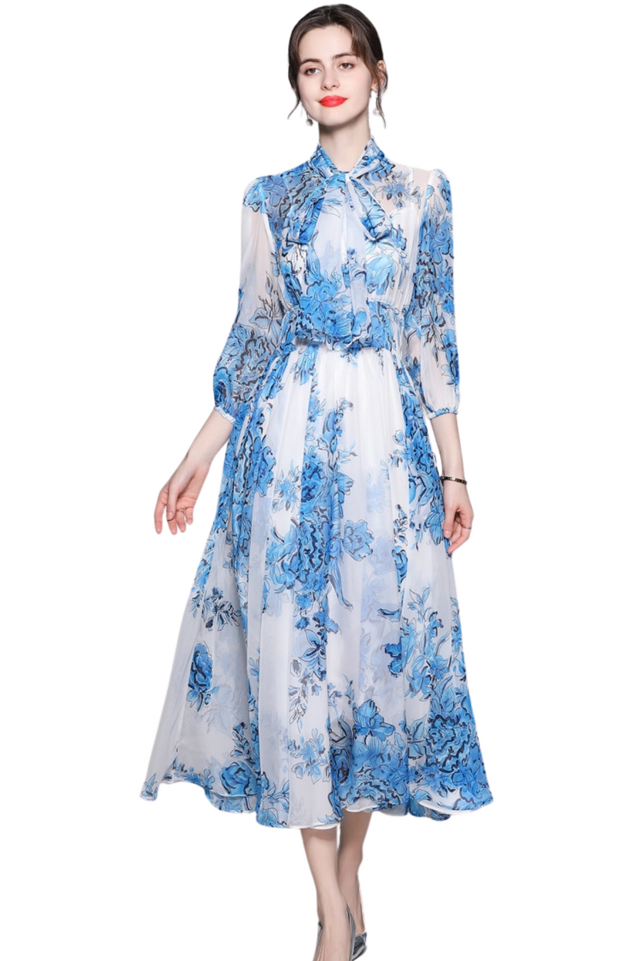 High Quality Vintage Designer A-Line Bows Long Elegant Blue Chiffon Dr – ETERNA
