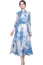 High Quality Vintage Designer A-Line Bows Long Elegant Blue Chiffon Dress