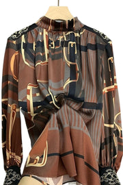 High Quality Lantern Sleeve Stand Collar Striped Silk Satin Shirt