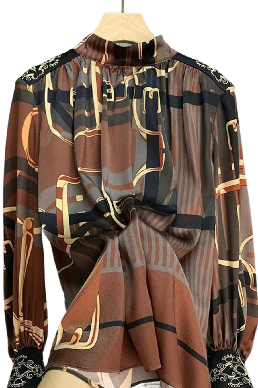 High Quality Lantern Sleeve Stand Collar Striped Silk Satin Shirt