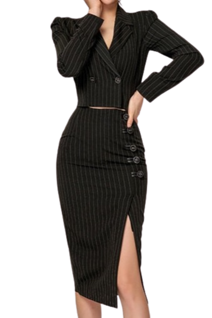 High quality long sleeve top + knee length skirt 2 pieces set