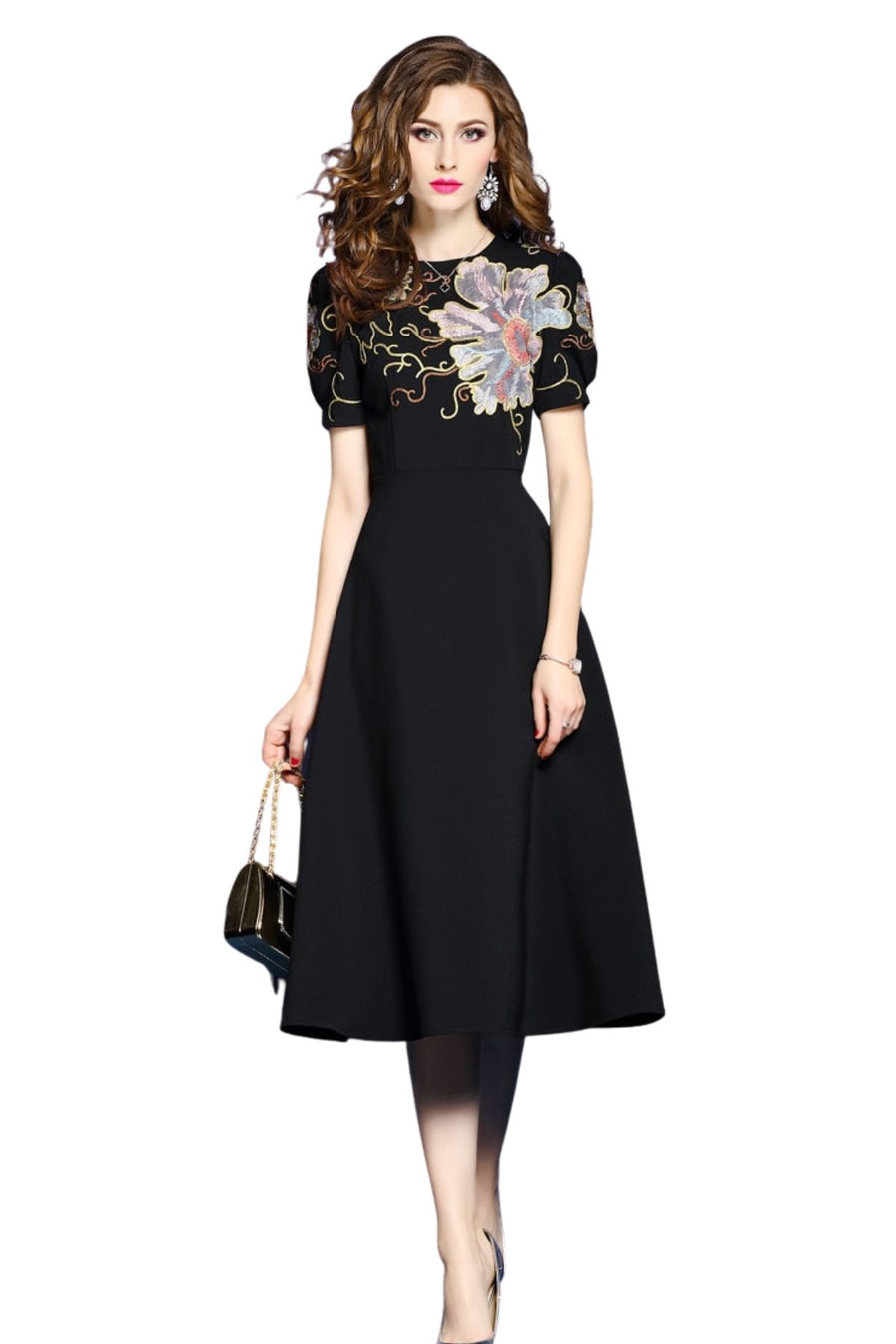 High Quality Vintage Designer Knee Length Short Sleeve Floral Embroidery Elegant Dress