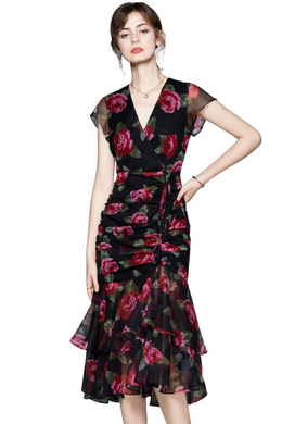 High Quality Vintage Designer V Neck Elegant Floral Dress