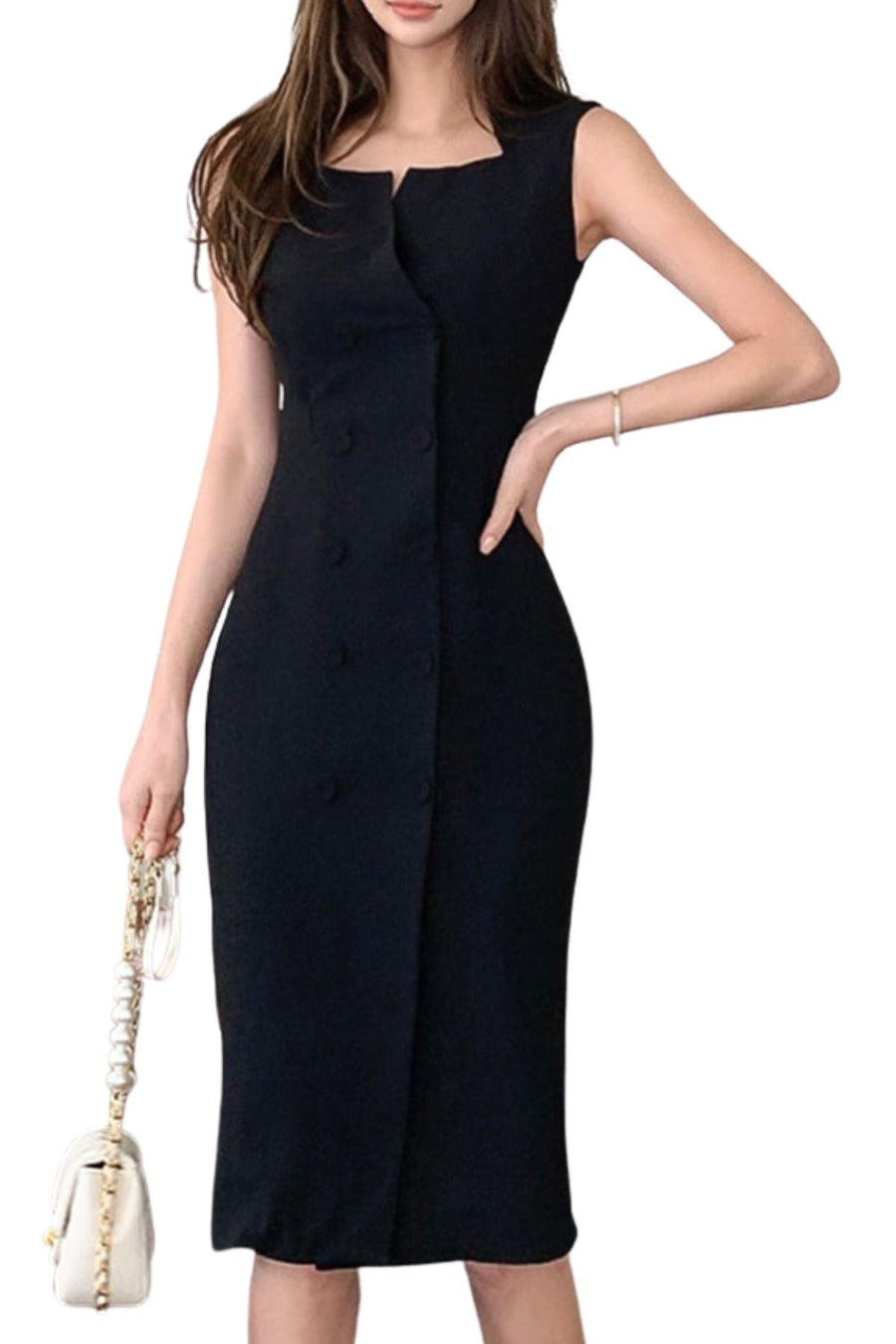 High Quality Sleeveless Double Breasted Elegant Sheath Dress