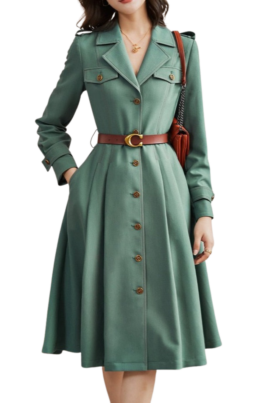 High Quality Belted Pocket Midi Long Sleeves Business Shirt Dress