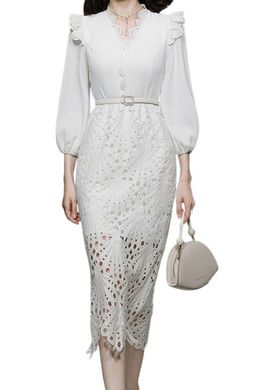 High Quality French White Lace V Neck Long Sleeve Belt Elegant Dress