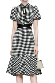 High Quality Knee Length Plaid Short Sleeve Print Dresses