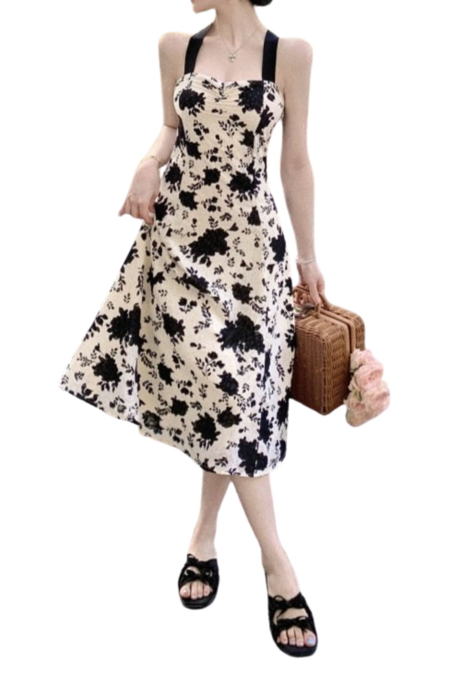 Vintage High Quality Strappy Elegant Print Midi Dress Photo color / M Vintage High Quality Strappy Elegant Print Midi Dress Photo color / M