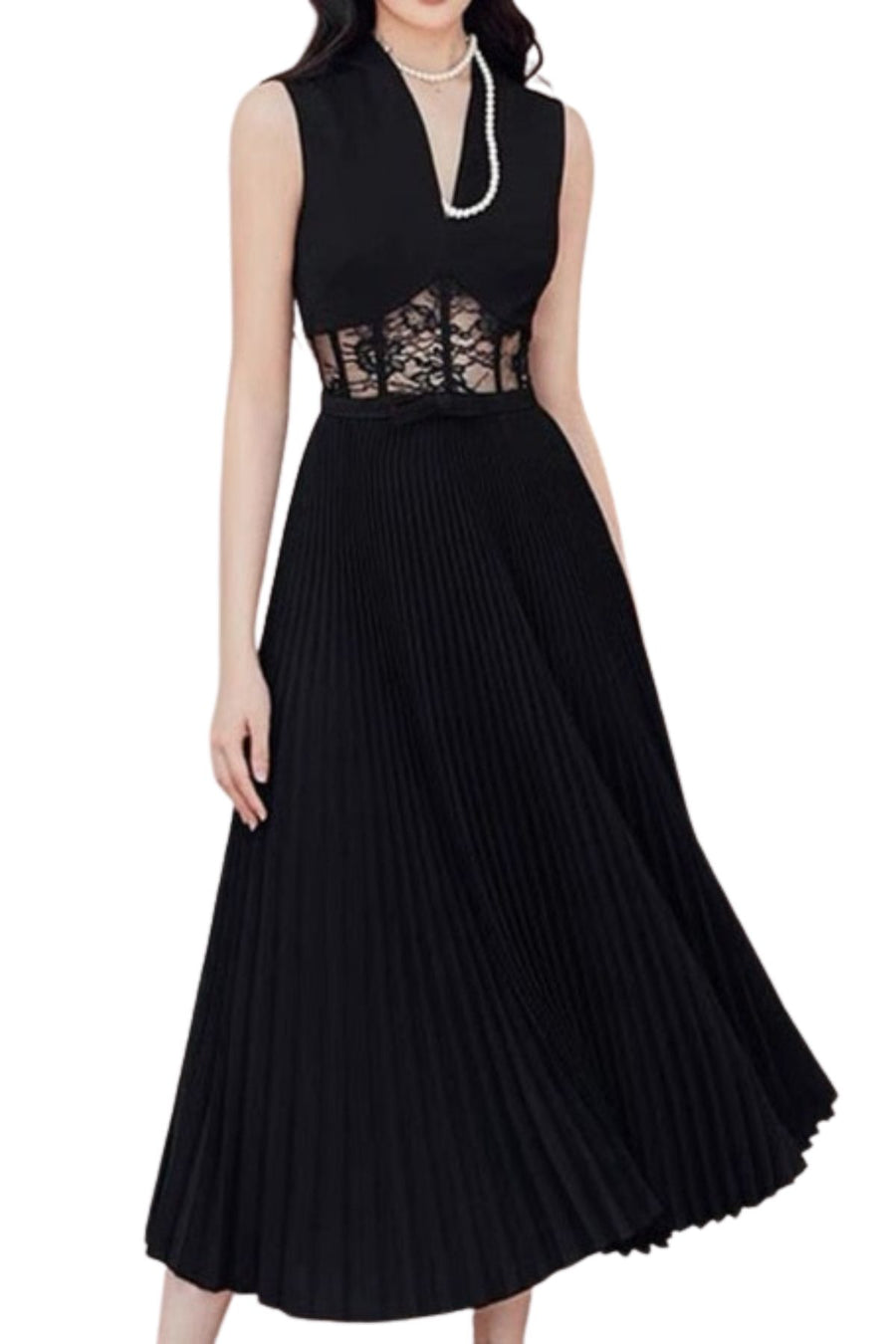 Pleated Lace Splicing Elegant Long Dress Black / S Pleated Lace Splicing Elegant Long Dress Black / S