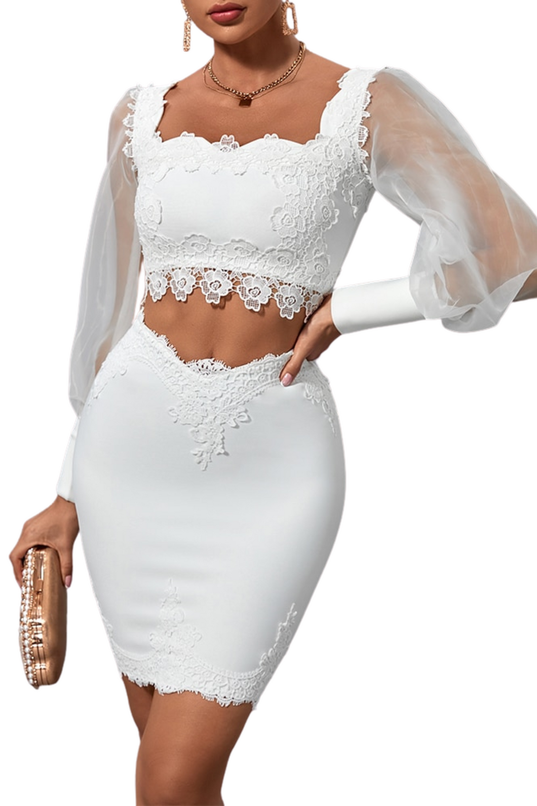 Beaded Bandage Two Piece Dress Women White 2 Piece Set Bodycon Evening –  Bella Fancy Dresses US