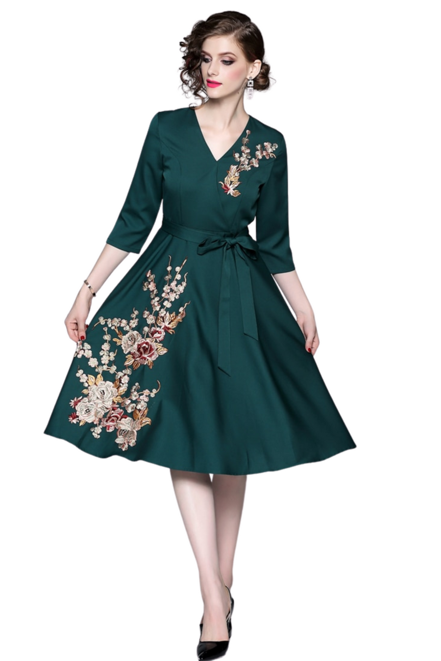 Vintage Designer High Quality V Neck Floral Embroidery Elegant Dress Green / S Vintage Designer High Quality V Neck Floral Embroidery Elegant Dress Green / S