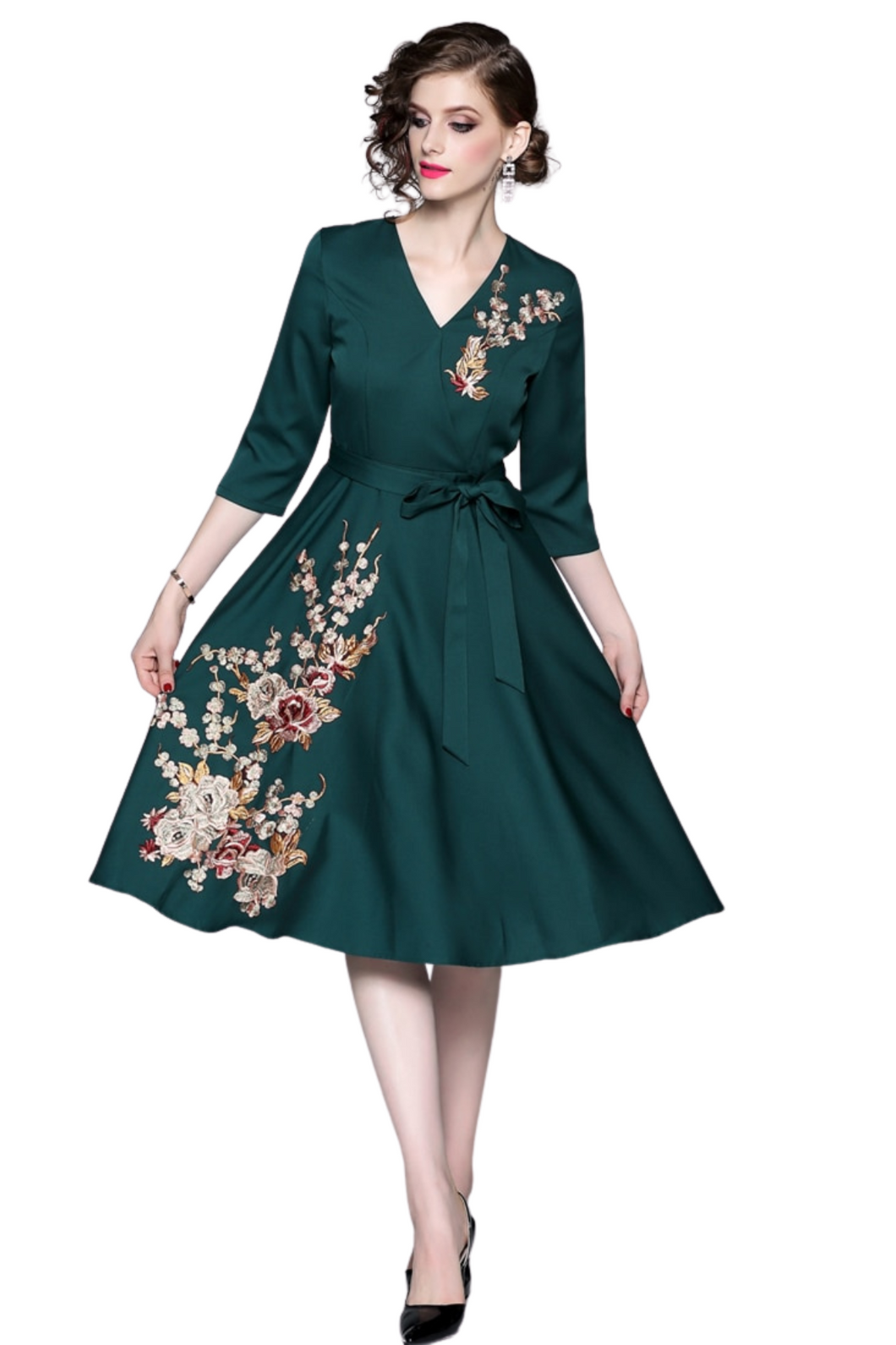 Vintage Designer High Quality V Neck Floral Embroidery Elegant Dress