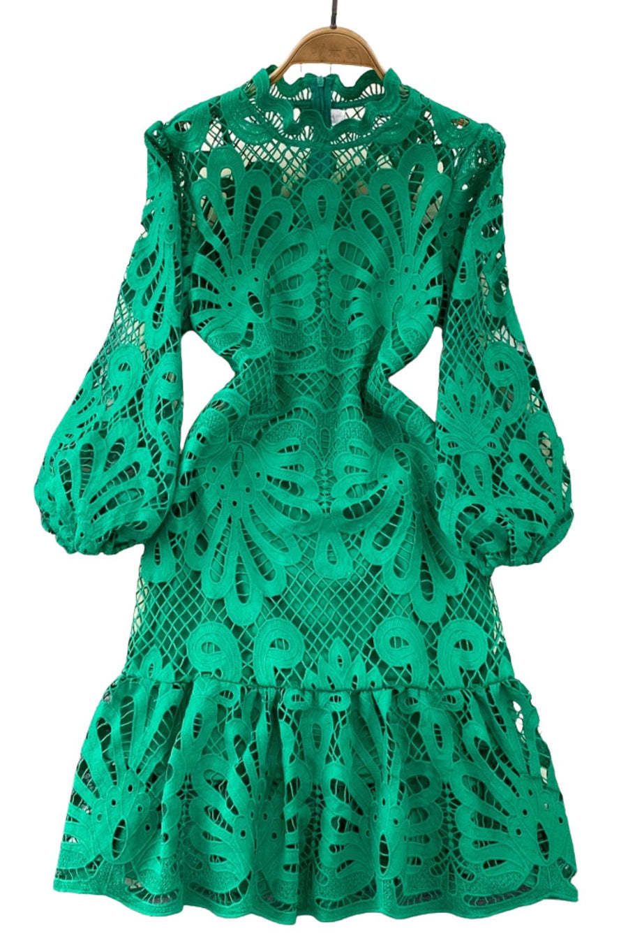 High Quality Vintage High Waist Puff Sleeve Stand Collar Mermaid Lace Short Floral Embroidery Lace Dress Pink / S High Quality Vintage High Waist Puff Sleeve Stand Collar Mermaid Lace Short Floral Embroidery Lace Dress Pink / S