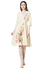 High Quality Three Quarter Sleeve V Neck Embroidered Elegant Dress