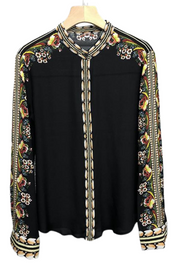 High Quality Stand Collar Retro Print Long Sleeve Silk Black Shirt