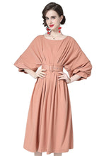High Quality  Round Neck Long Lantern Sleeve Belted Loose Slim Pleated Dress