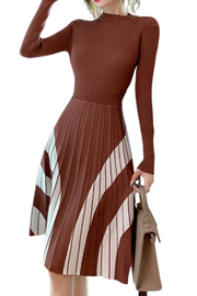 High Quality Striped Long Sleeves Pleated A Line Sweater Dress