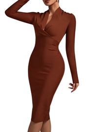 Brown Bandage Dress Long Sleeve Bodycon Elegant Sexy Midi Dress Tan / M Brown Bandage Dress Long Sleeve Bodycon Elegant Sexy Midi Dress Tan / M