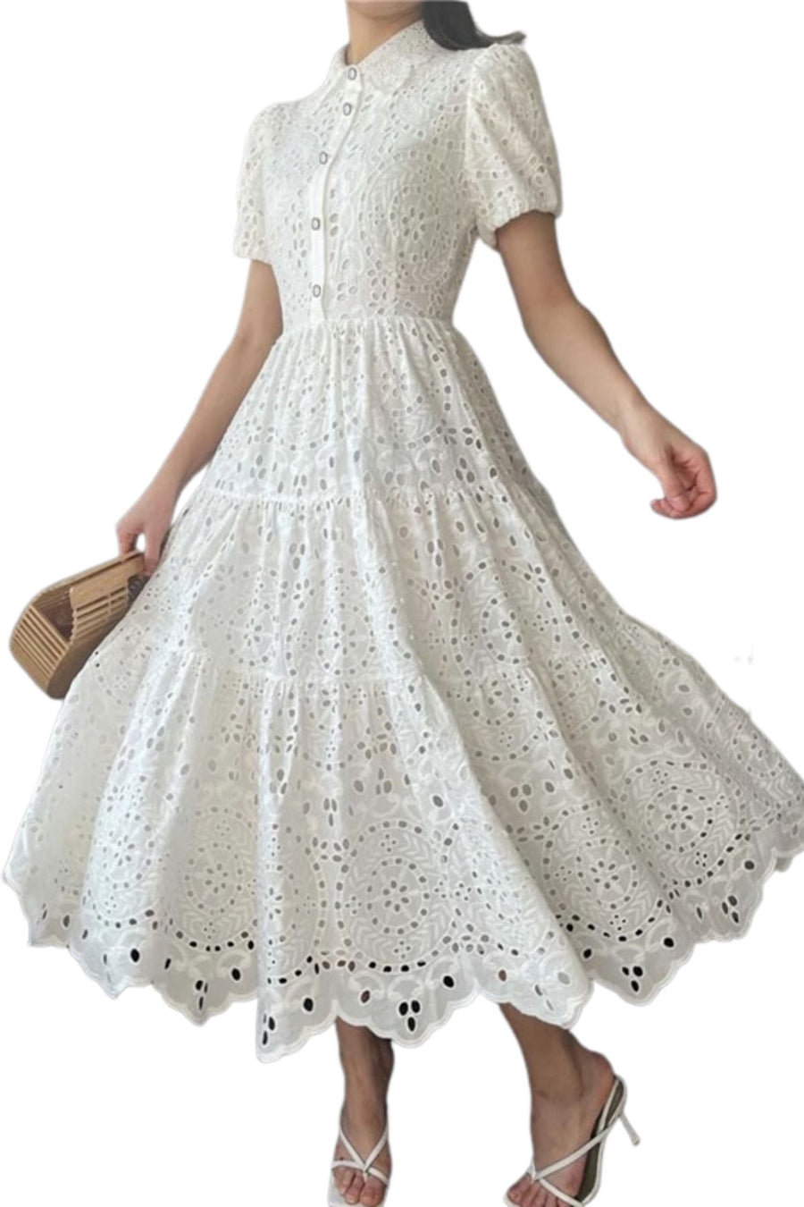 Vintage Elegant Embroidered Hollow Out Midi Dress In Various Colors High Quality White long sleeve / XL Vintage Elegant Embroidered Hollow Out Midi Dress In Various Colors High Quality White long sleeve / XL