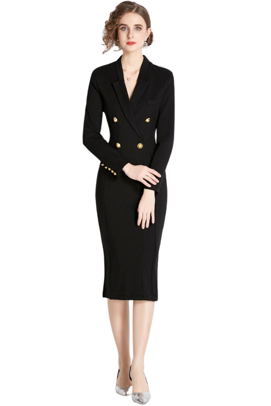 High Quality Double Breasted Long Sleeve V Neck Elegant Dress