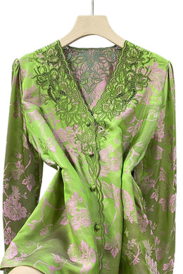 High Quality Long Sleeve V Neck Embroidered Silk Shirt