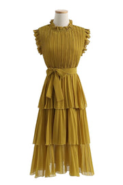 High Quality Multi Color Sleeveless Pleated Ruffle Maxi Dress