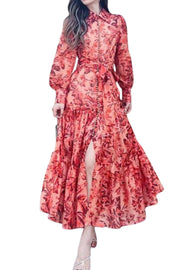 Maxi Dress Lantern Sleeve Button Down High Quality Print Ruffles