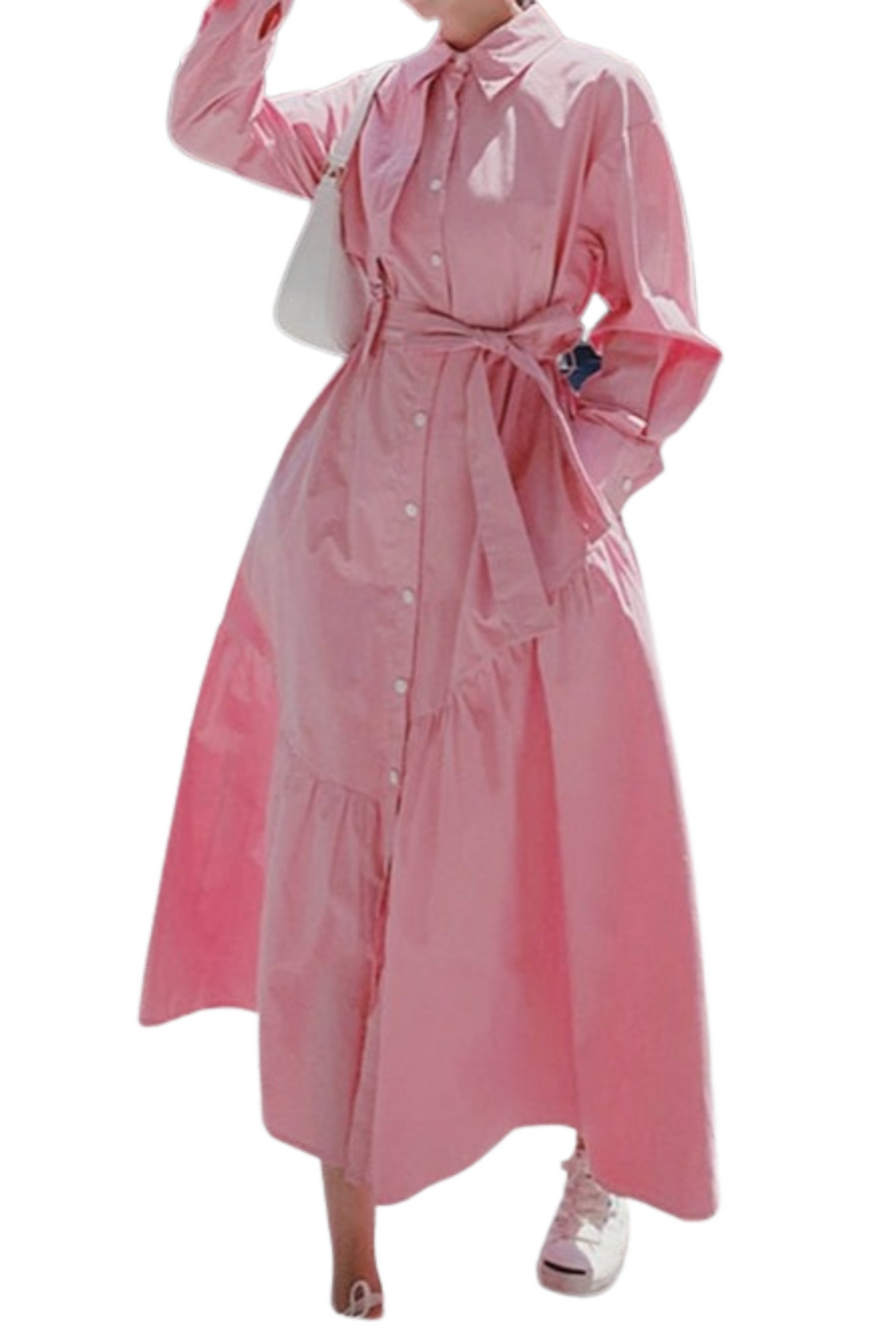 Pink dress with collar long sleeves with pocket on the sides and high quality bow