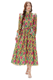 Printed Maxi Dress High Neck Long Lantern Sleeve High Quality Belt