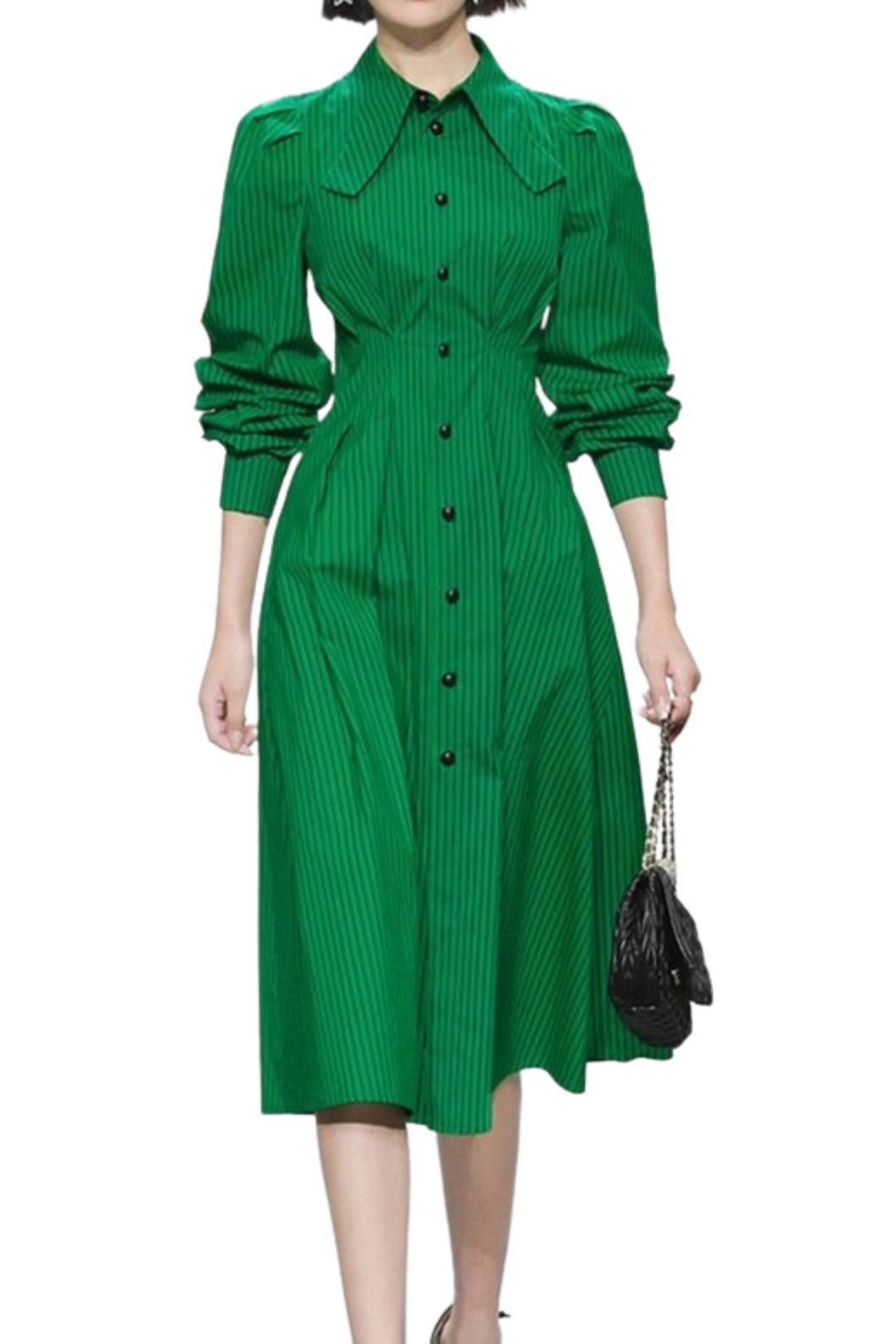 High Quality Midi Long Sleeves Striped Single Breasted Office Elegant Dress