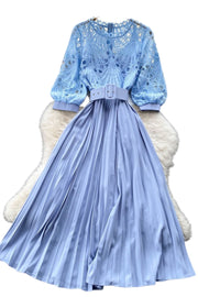 High-quality multi-color belted pleated lace dress with long sleeves