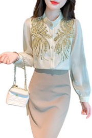 Vintage blouses embroidered with sequins long sleeves elegant