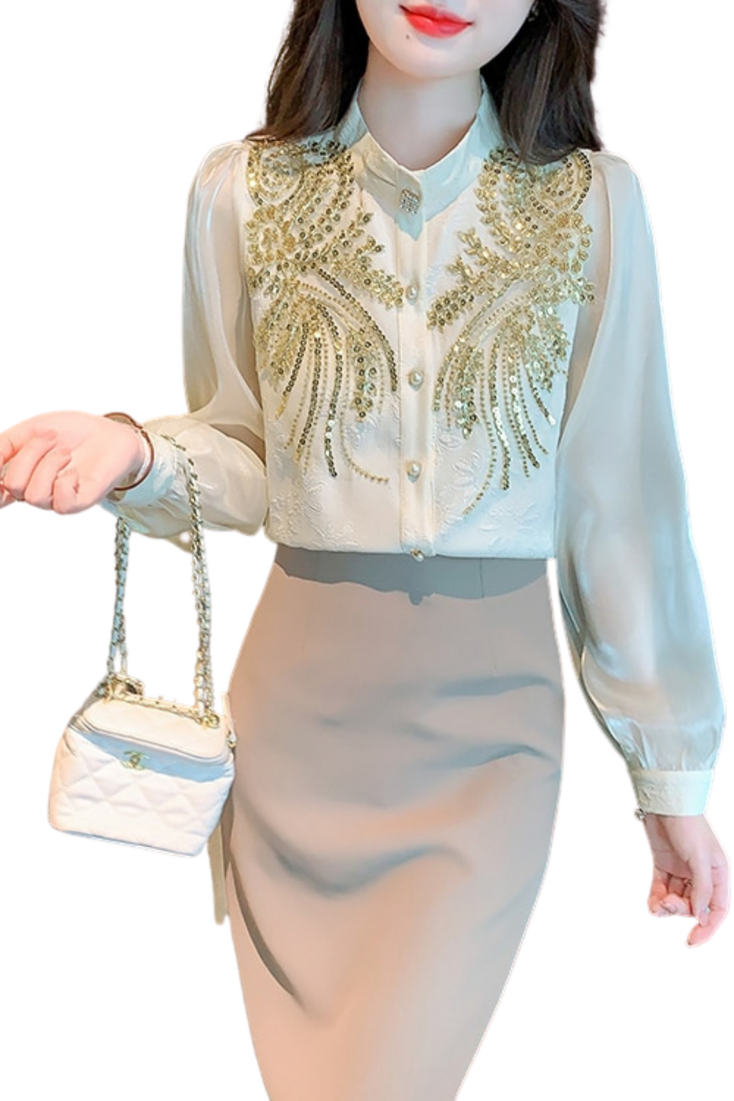 Vintage blouses embroidered with sequins long sleeves elegant