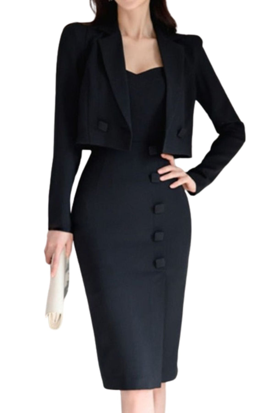 High Quality Knee Length Bodycon 2 Pieces Elegant Dress Black / S