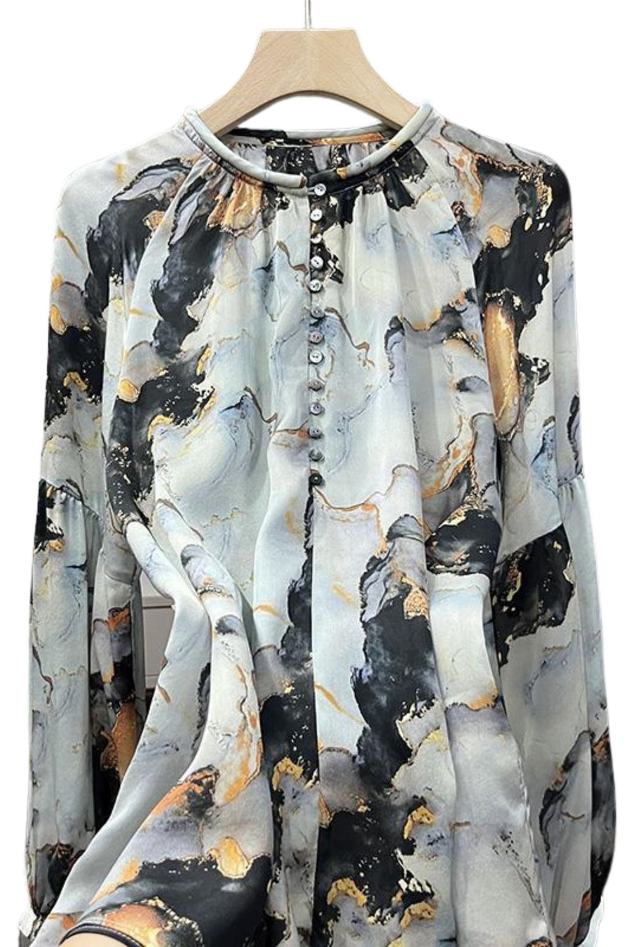 High Quality Lantern Sleeve Round Neck Silk Shirts