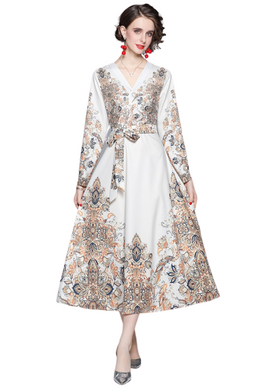 V Neck Long Lantern Sleeve Baroque Flower Print Elegant Lace Up Belted Maxi Dress