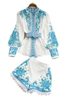 2 piece suit top with high neck, puff sleeve, vintage print blouse and shorts with belt pocket high quality