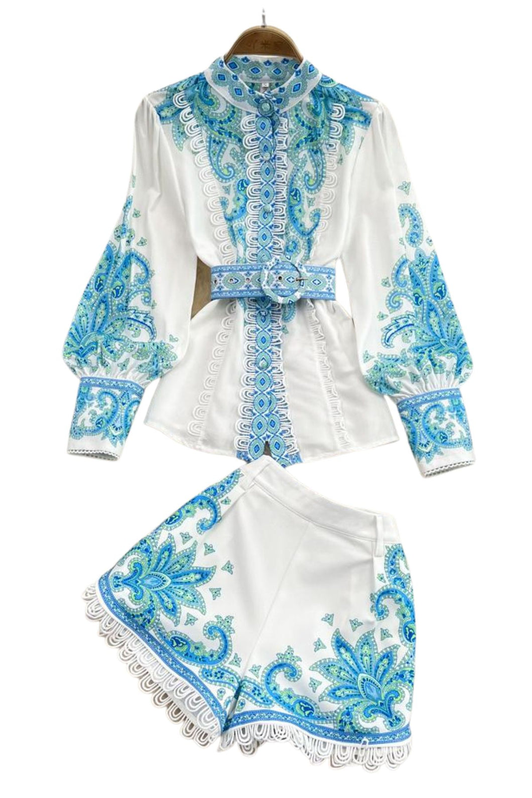 2 piece suit top with high neck, puff sleeve, vintage print blouse and shorts with belt pocket high quality