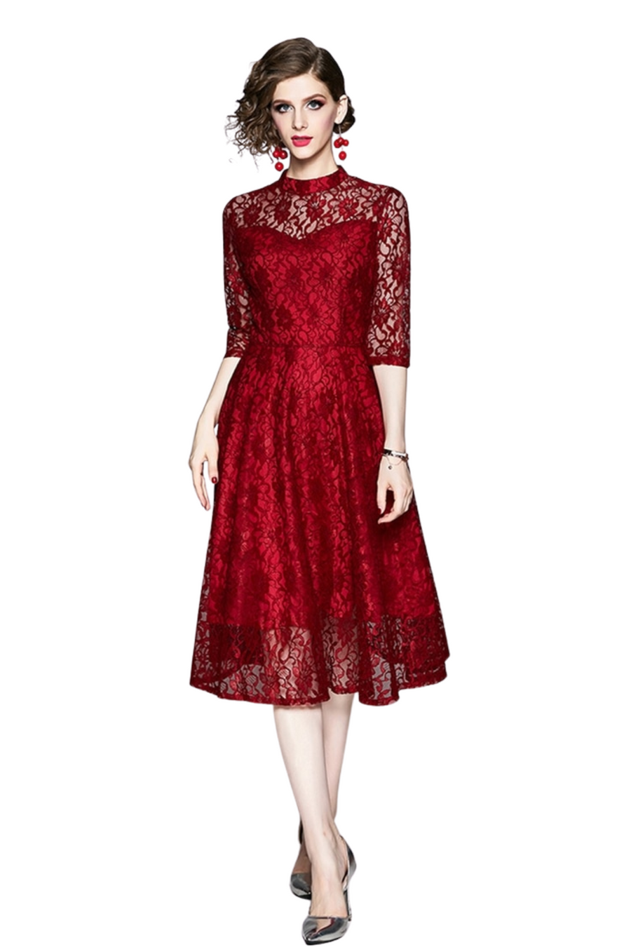 High Quality Red and Black Vintage Designer Elegant Lace Dress Red / M High Quality Red and Black Vintage Designer Elegant Lace Dress Red / M