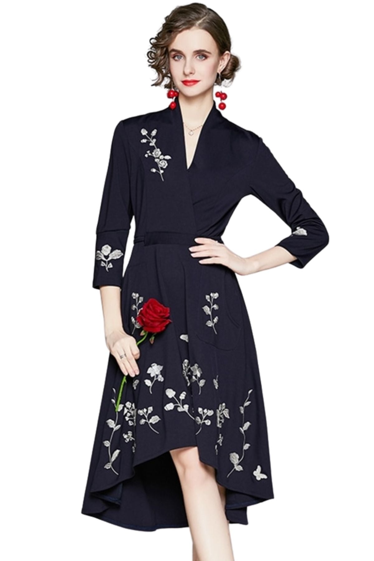 High quality vintage style three quarter sleeve flower embroidery elegant dress Navy / L High quality vintage style three quarter sleeve flower embroidery elegant dress Navy / L