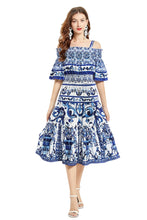 High quality midi flare sleeve cold shoulder blue and white porcelain print dress